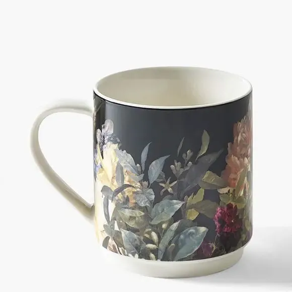 Set of 2 Stacking Mugs Floral Design - Black, China