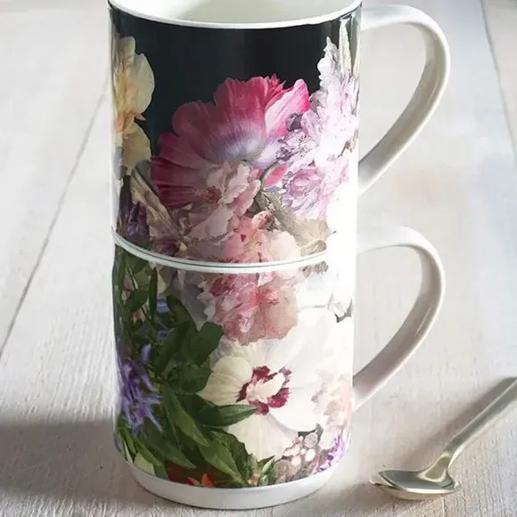 Set of 2 Stacking Mugs Floral Design - Black, China image