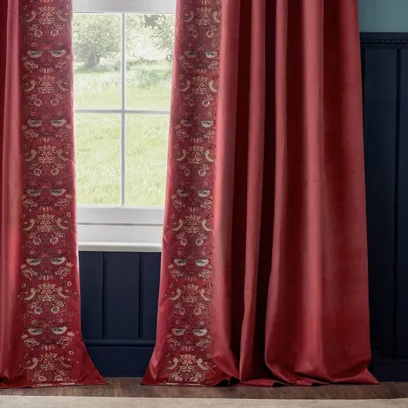 Embroidered Pencil Pleat Curtains - Berry, Velvet