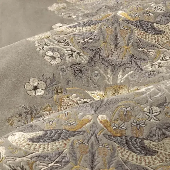 Embroidered Pencil Pleat Curtains - Biscuit, Velvet