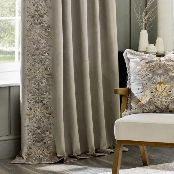 Embroidered Pencil Pleat Curtains - Biscuit, Velvet