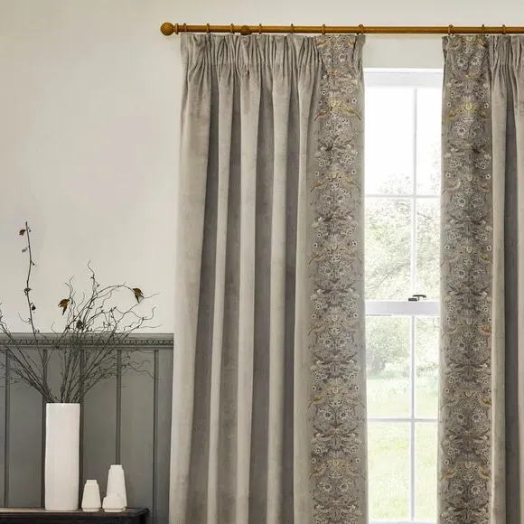 Embroidered Pencil Pleat Curtains - Biscuit, Velvet