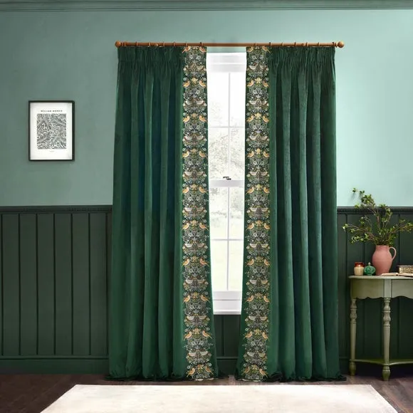 Embroidered Pencil Pleat Curtains - Forest, Velvet