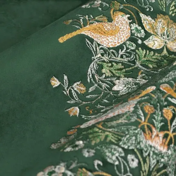 Embroidered Pencil Pleat Curtains - Forest, Velvet