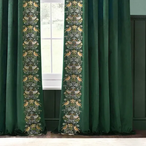 Embroidered Pencil Pleat Curtains - Forest, Velvet