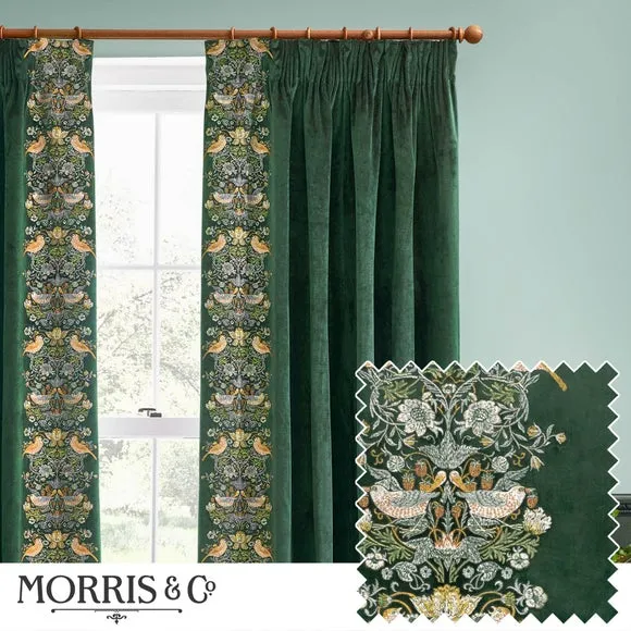 Embroidered Pencil Pleat Curtains - Forest, Velvet