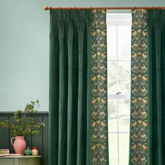 Embroidered Pencil Pleat Curtains - Forest, Velvet