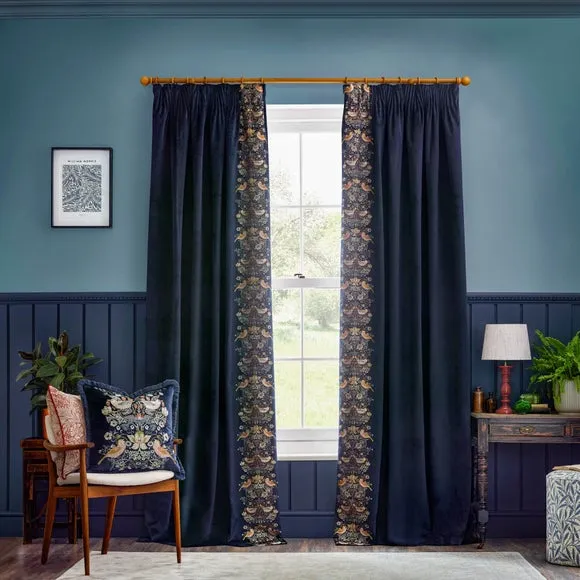 Embroidered Pencil Pleat Curtains - Indigo, Velvet
