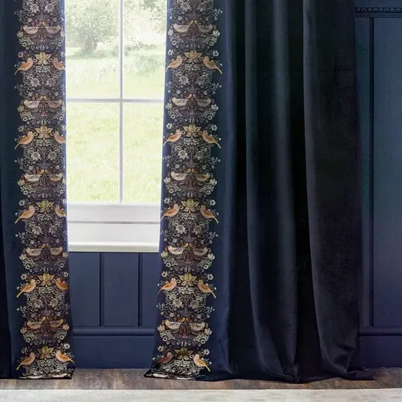 Embroidered Pencil Pleat Curtains - Indigo, Velvet