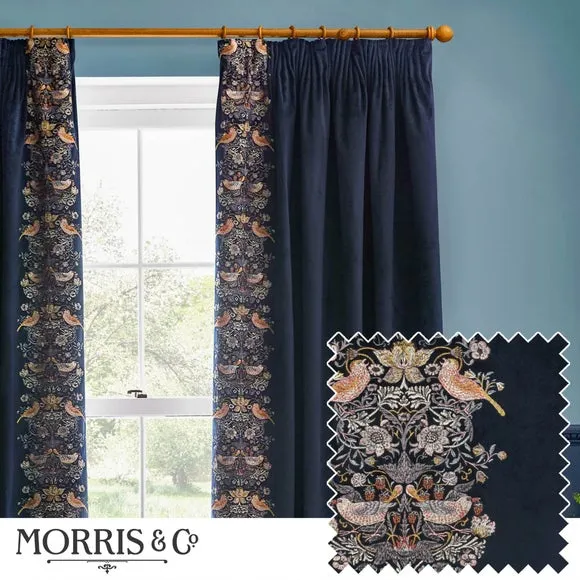 Embroidered Pencil Pleat Curtains - Indigo, Velvet
