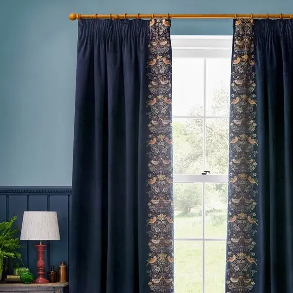 Embroidered Pencil Pleat Curtains - Indigo, Velvet