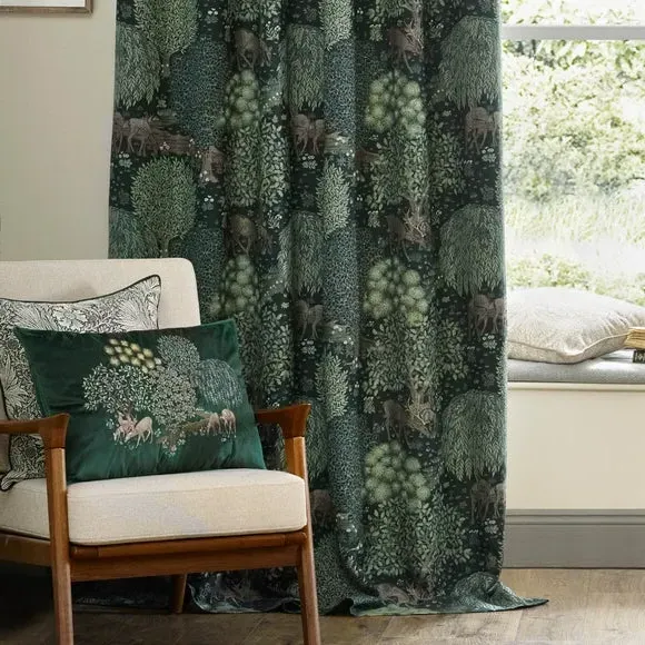 Jacquard Pencil Pleat Curtains - Forest, Polyester