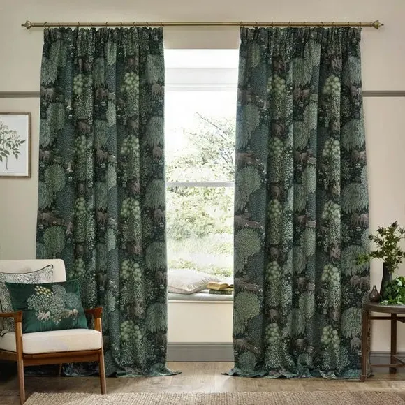 Jacquard Pencil Pleat Curtains - Forest, Polyester