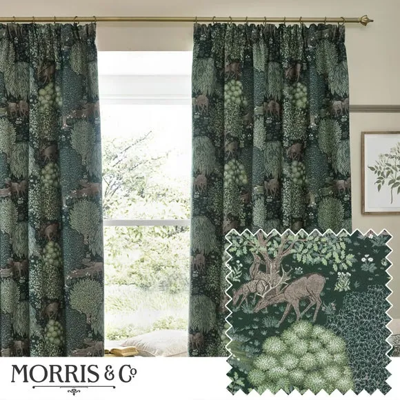 Jacquard Pencil Pleat Curtains - Forest, Polyester