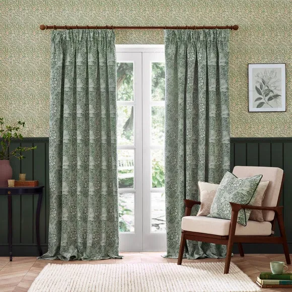 Pencil Pleat Curtains with Lining - Green, Jacquard