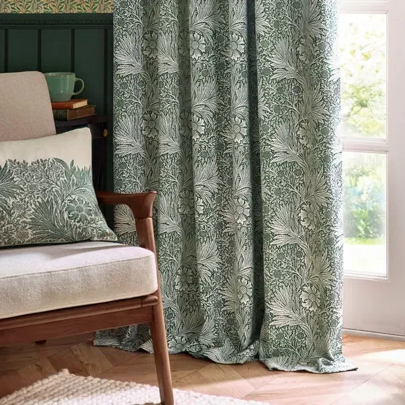 Pencil Pleat Curtains with Lining - Green, Jacquard