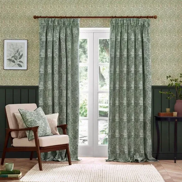Pencil Pleat Curtains with Lining - Green, Jacquard