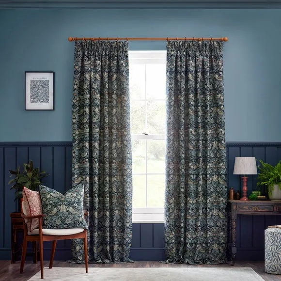 Pencil Pleat Curtains with Lining - Indigo, Jacquard