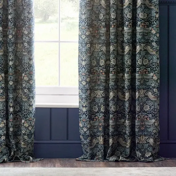 Pencil Pleat Curtains with Lining - Indigo, Jacquard