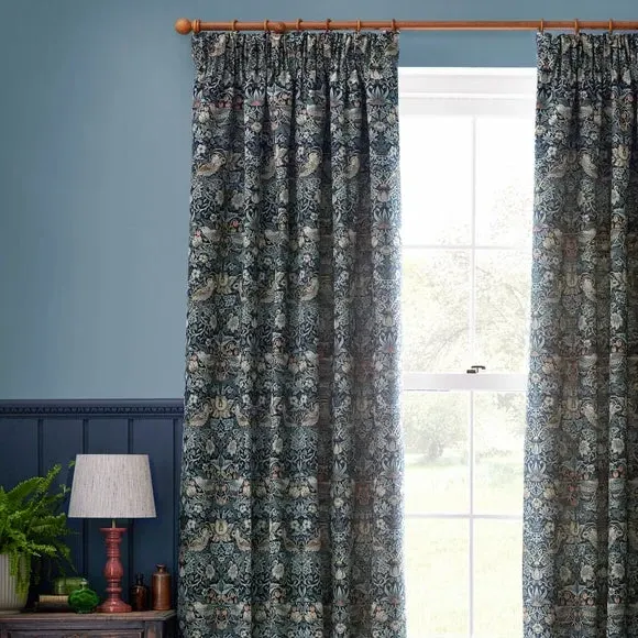 Pencil Pleat Curtains with Lining - Indigo, Jacquard