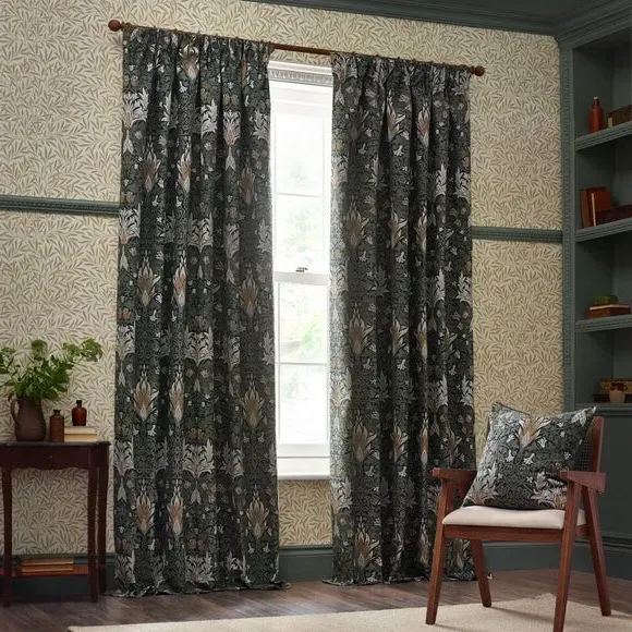 Pencil Pleat Curtains with Lining - Indigo, Jacquard
