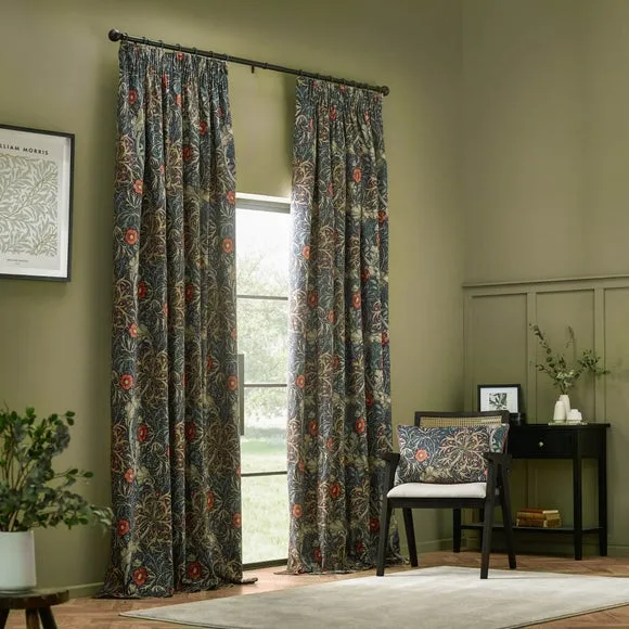 Pencil Pleat Curtains with Seaweed Motif - Indigo