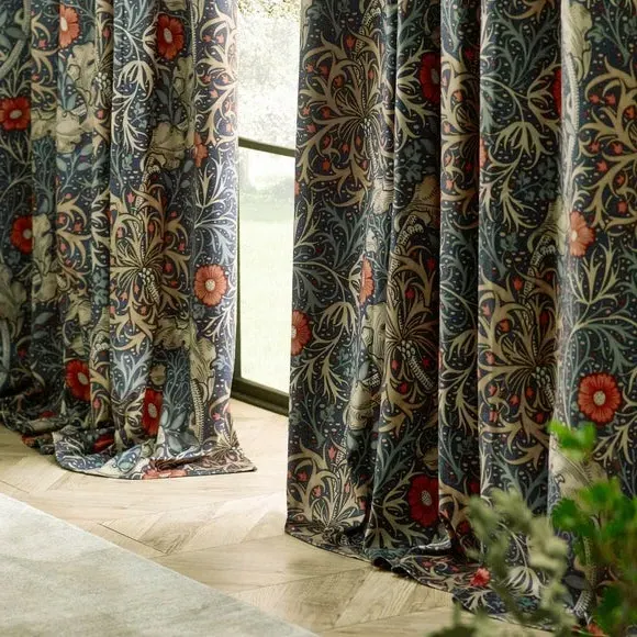 Pencil Pleat Curtains with Seaweed Motif - Indigo