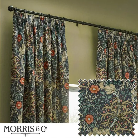 Pencil Pleat Curtains with Seaweed Motif - Indigo