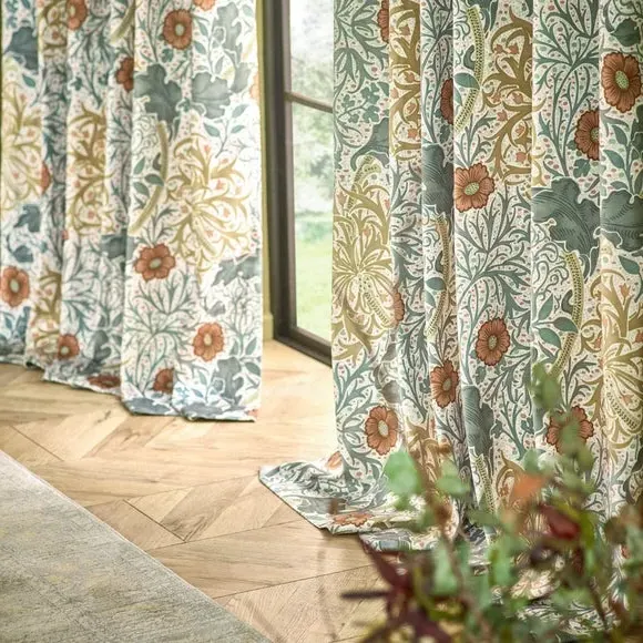 Pencil Pleat Curtains with Seaweed Motif - Stone