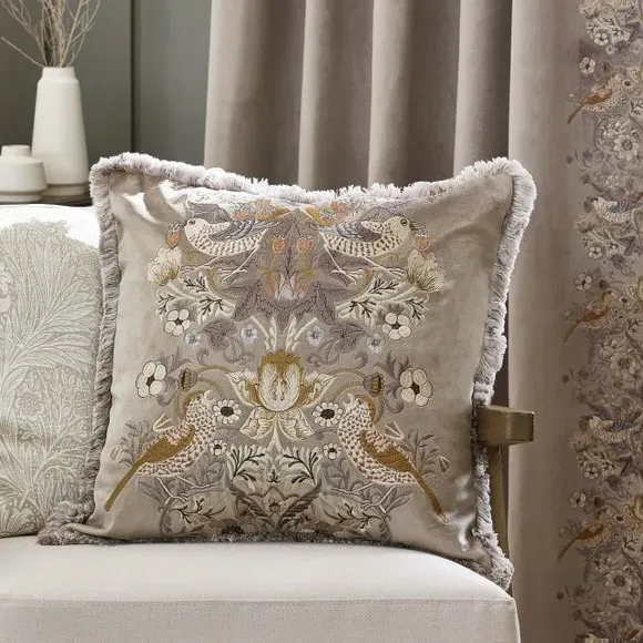 Square Cushion with Embroidery - Biscuit, Velvet