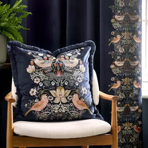 Square Cushion with Embroidery - Indigo, Velvet
