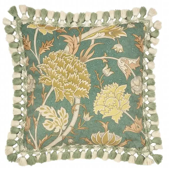 Square Cushion with Tassels - Sage, Velvet