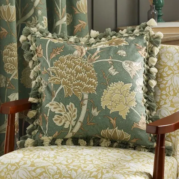 Square Cushion with Tassels - Sage, Velvet