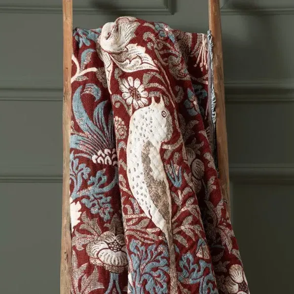 Strawberry Thief Throw Blanket - Berry, Cotton