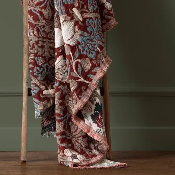 Strawberry Thief Throw Blanket - Berry, Cotton