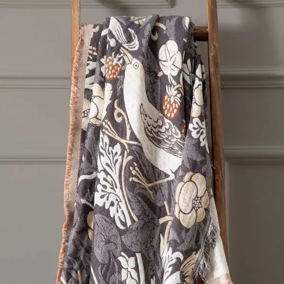 Strawberry Thief Throw Blanket - Biscuit, Cotton