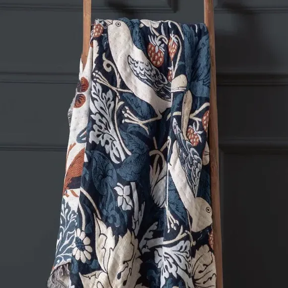 Strawberry Thief Throw Blanket - Indigo, Cotton