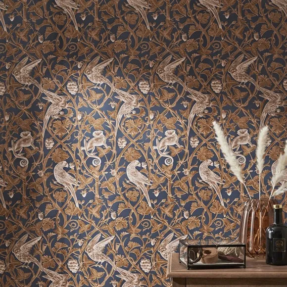 Bird Design Wallpaper - Navy, 150GSM Paper