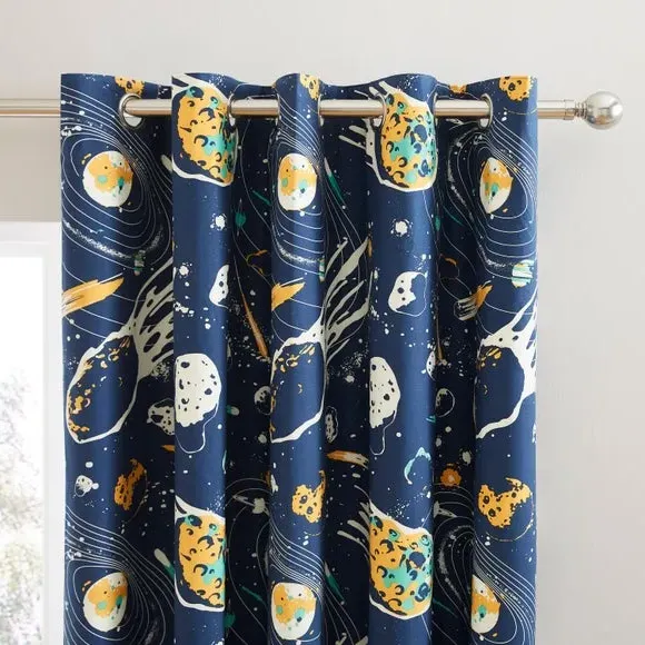 Blackout Eyelet Curtains Space Print - Navy, Cotton