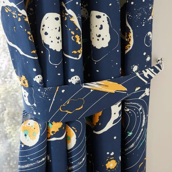 Blackout Eyelet Curtains Space Print - Navy, Cotton