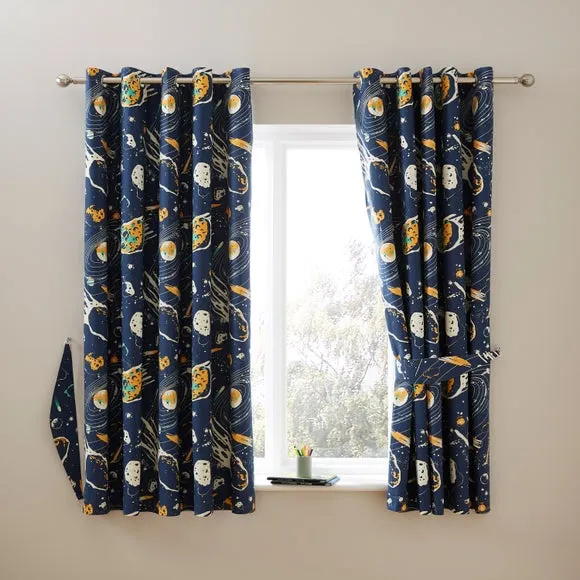 Blackout Eyelet Curtains Space Print - Navy, Cotton image