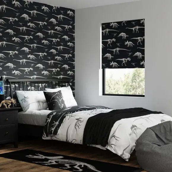 Blackout Roller Blind with Dinosaur Print - Black