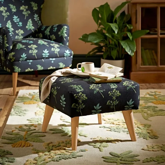 Botanical Print Footstool - Green, Fabric