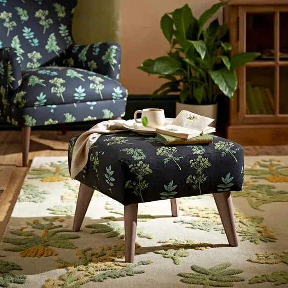Botanical Print Footstool - Green, Fabric image