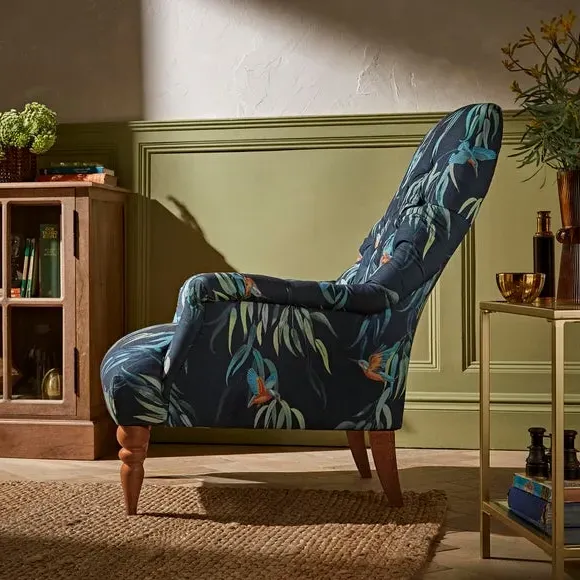 Button Back Armchair - Kingfisher Print