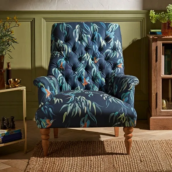 Button Back Armchair - Kingfisher Print