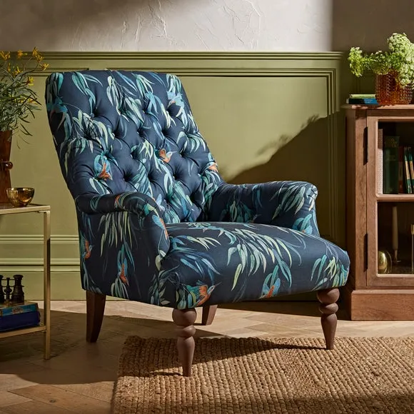 Button Back Armchair - Kingfisher Print