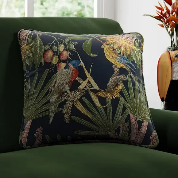 Cushion Cover with Tropical Print - Navy, Fabric