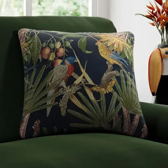 Cushion Cover with Tropical Print - Navy, Fabric