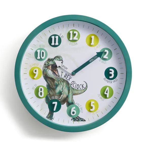 Dinosaur Wall Clock with Learning Labels - Green